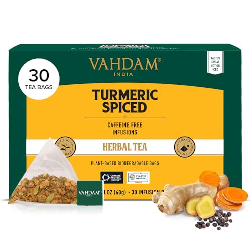 Image of VAHDAM, Turmeric Spice Herbal Tea Bags (30 Count) Caffeine Free, Non GMO, Gluten Free | 100% Pure Herbal Tisane - Savory & Spicy | Individually Wrapped Pyramid Tea Bags | Direct from Source