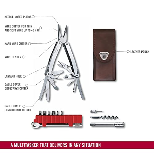 Image of Victorinox Swiss Tool Spirit X Plus Ratchet Swiss Army Knife, 36 Function Swiss Made Multi-Tool with Needle-nose Pliers and Leather Pouch - Silver