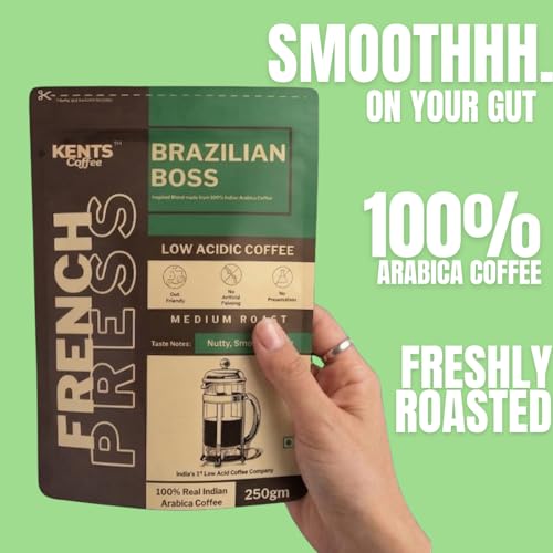 Image of Kents Coffee Brazilian Boss - MEDIUM ROAST Ground Coffee| LOW ACIDIC COFFEE | French Press Course Grind | Nutty, Smooth, Chocolate Notes | 100% Arabica Powder | Chikamangalur Single Estate Speciality Pouch | Hot & Cold Brew | Gut Friendly | Freshly Roasted Everytime (200Gm)