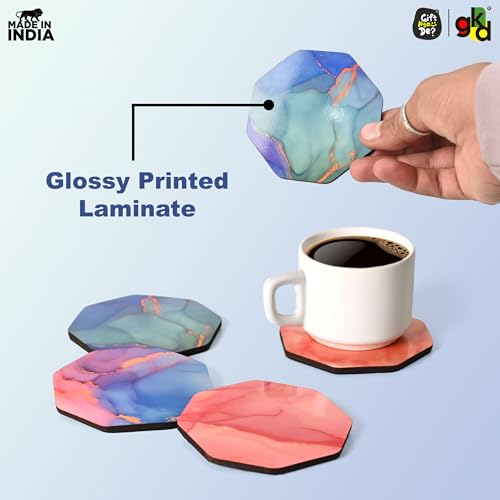 Image of Coaster Set of 4 MDF Wood with Marble Theme Design | Decorative Wooden Coasters for Tea Cups, Coffee Mugs & Glasses (3.5 x 3.5 inch) | Eco-Friendly (Glossy Marble, 3.5)