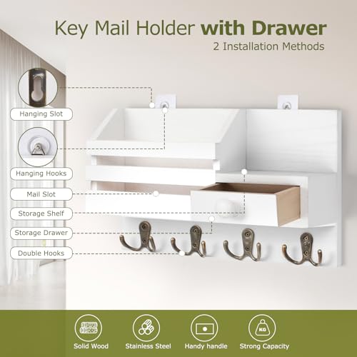 Image of Key Holder Wall Mount, Wooden Adhesive Mail and Key Organizer with Drawer, Small Shelf, 8 Hooks, 2 Installation Methods, White