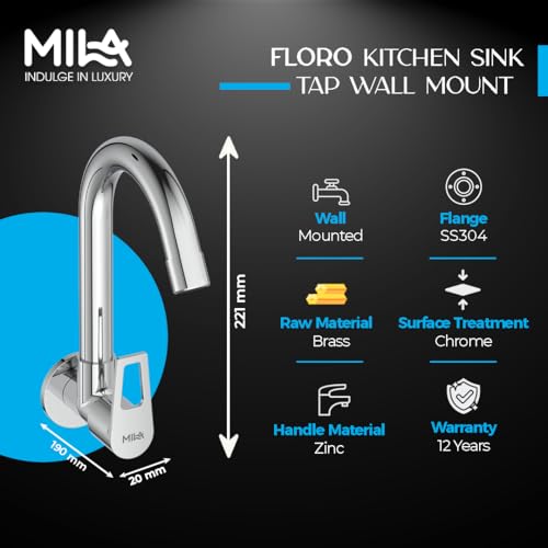 Image of Mila Floro Brass Kitchen Sink Tap | Wall Mount Cold Water Faucet with 360 Swivel Spout & Lever Handle | Mirror Chrome Finish | Durable Brass Body | Leak-Proof & Corrosion-Resistant | 12-Year Warranty
