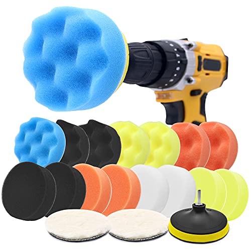 Vertlley 22Pcs Car Drill Polishing Pad Kit 3.1 Inch Sponge Buffing Pads Drill Polisher Attachment for Waxing Buffing Sealing Glaze
