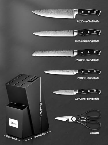 D.Perlla Messerblock mit Messerset, 7-TLG Selbstschärfender Messerblock, Scharf Edelstahl Messerset Set mit Kunststoff-Griff und Holzblock, Profi Küchenmesserset, Schwarz 2