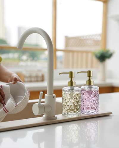 Image of JASAI Diamond Design Glass Soap Dispenser with Golden Pump, Refillable Hand soap Dispenser for Kitchen, Soap Dispenser Bathroom for Soap, Hand soap, Dish Soap, Lotion.