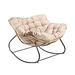 OHS Rocking Chair for Outdoors Rattan Wicker Metal Frame Patio Garden Rocking Chair with Cushioned Seat Relaxing Home Modern Comfy Oversized Egg Chairs - Bali, Natural