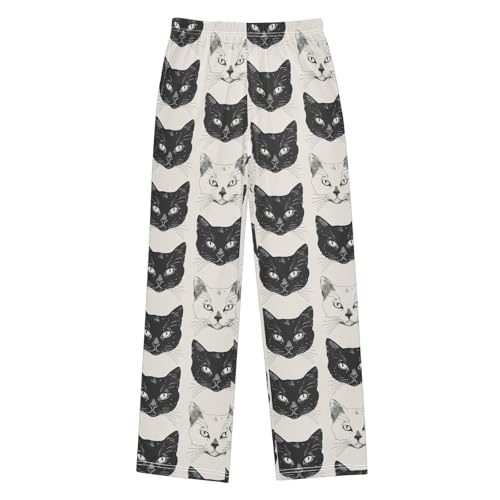 Boys' Pants Cute Black White Cat Face Long Bottoms Jogger Pants Elastic Waist Trousers with Pockets S-XL