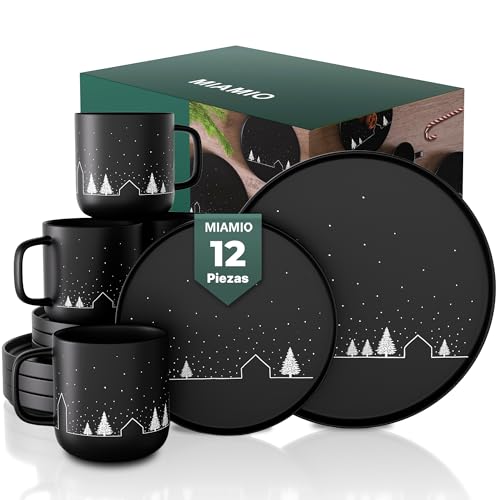 MIAMIO – Set de Vajilla de Navidad de 12 Piezas/Set de Platos de Navidad con Tazas en diseño minimalista para las fiestas (Servicio para 4) / Apto para Lavavajillas y Microondas – Colección Vinter