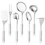Set d'Ustensiles de Cuisine en Acier Inoxydable, Set de 7 Pièces, Inclut : Louche, Fourchette à Viande, Spatule à Fentes, Fourchette à Pâtes, Pilon à Purée, Cuillère Solide, Écumoire