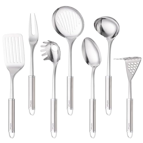 Juego de utensilios de cocina de acero inoxidable, juego de 7 piezas, incluye: cucharón, tenedor de carne, espátula con ranuras, tenedor de pasta, mazapán, cuchara sólida, skimmer
