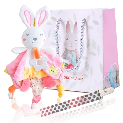 EAQ Baby Comforters,Rabbit Infant Nursery Comforter,Baby Girl Gifts,Baby Essentials for Newborn soft baby toys for Newborn Easter gifts with gifts bag and Dummy Clips