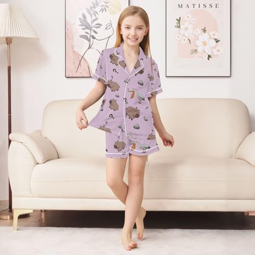 senya Cute Pelican Eat Capybara Satin Summer Pajama Sets Silk Short Sleeve Button Down Sleepwear4
