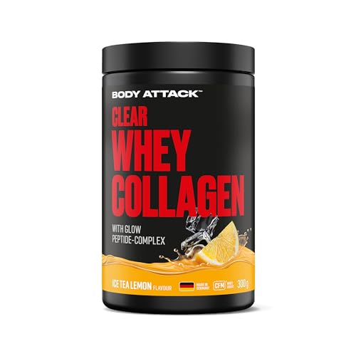 Body Attack Clear Whey Collagène 300 g – Ice Tea Citron – Avec complexe de collagène brillant pour les muscles, la peau et les os – Poudre de collagène à base de protéines de lactosérum CFM, avec