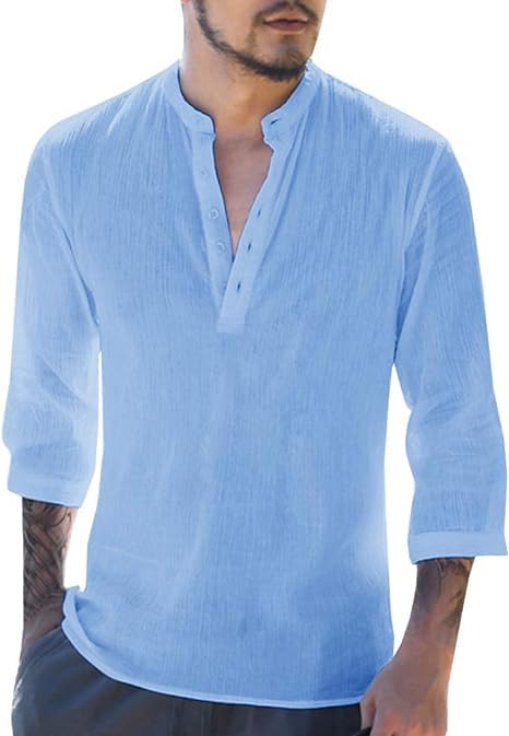 Runcati Herren Leinenhemd Herren Hemd 3/4 Ärmel Henley Shirt Regular Fit Freizeithemd Casual Sommerhemd Strand Leinen Shirts
