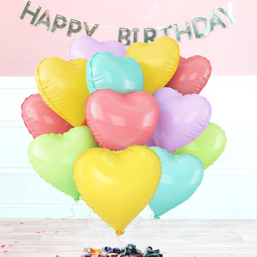 Image of 5 Colors Heart Balloons,18 Inch Color of Macaron Foil Mylar Love Heart Shaped Balloons for Anniversary Wedding Engagement Celebration Birthday Party Baby Shower Decorations(12Pcs)