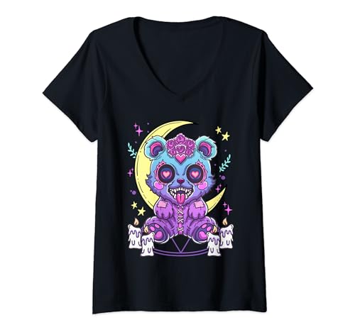 Womens Cute Kawaii Creepy Pastel Goth Teddy Bear Cat Anime Menhera V-Neck T-Shirt