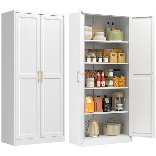 71' Kitchen Pantry Storage Cabinet,White Tall Storage Cabinet With Doors and 4 Shelves,Metal Food...