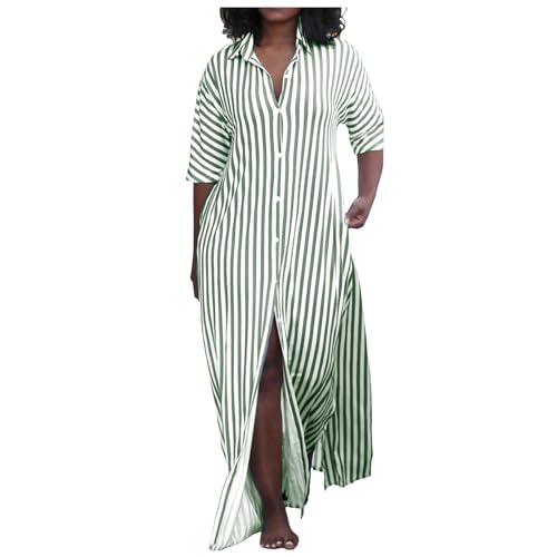 Genérico Vestido largo a rayas de moda para mujer, abierto en la parte delantera, manga corta de honor verde, verde, M