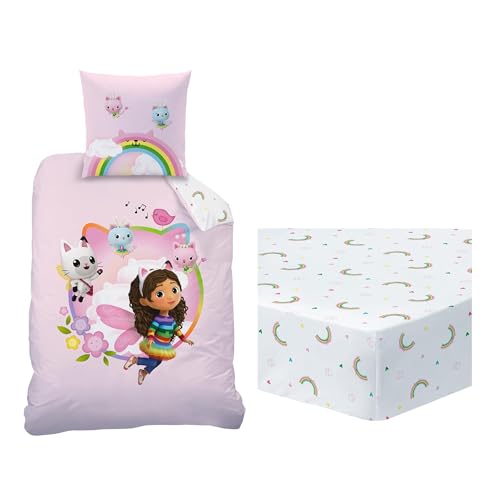 Gabby et La Maison Magique Garden Ensemble Parure de Lit et Drap Housse | Enfant | 100% Coton | Oeko-TEX | Housse de Couette 140x200cm + 1 Taie d'oreiller 63x63cm + 1...