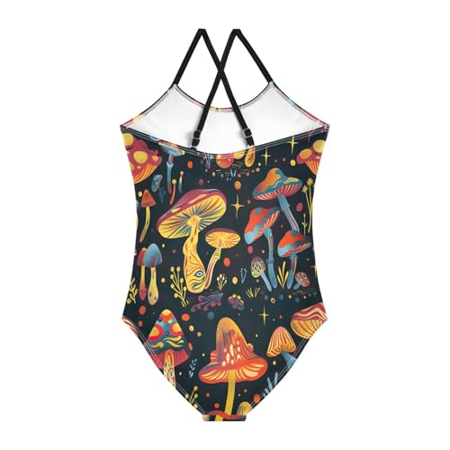 Psychedelic Cartoon Mushrooms Girls One Piece Swimsuit with Adjustable Shoulder Strap, Beach Swimsuit, 3-102