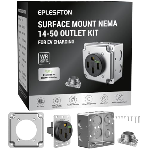EPLESFTON Nema 14-50 EV Outlet with Surface Mount Box Kit Weather Resistant 50 amp EV Charging Straight Blade Device Receptacle 3-Pole 4-Wire Grounding 50A 125/250V ETL Listed Black