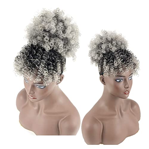 Gray Afro Puff Drawstring Ponytail With Bangs Salt And Pepper Wigs For Women Afro High Puff Bun With Bangs Short Afro Kinky Curly Hair Bun With Bangs Uamy Hair Synthetic Ponytail Extensions With Clips In(T1B/Gray ) #TOP3