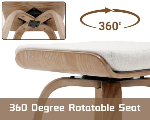 Image of HNY 26 inch Swivel Bar Stools Set of 6, Backless Counter Height Bar Stools with Removable Linen Cushion, 360 Swivel Wooden Saddle Stools with Footrest for Kitchen Island, Home Bar & Small Spaces