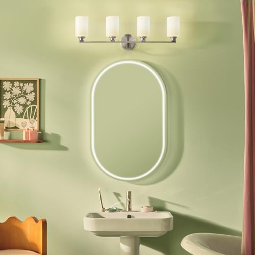 Image of Kichler Gioe 32.25 in 4-Light Bathroom Vanity Light Fixture with Opal Glass in Brushed Nickel, Modern Wall Mount Over Mirror for Powder Room, Damp Rated (32.25 in W x 10.5 in H), 55227NI