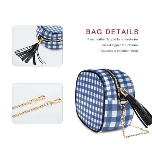 Crossbody Shoulder Bag Tassel Purse Blue & White Gingham PU leather Small Handbag Fashion Evening Clutch with Chain2