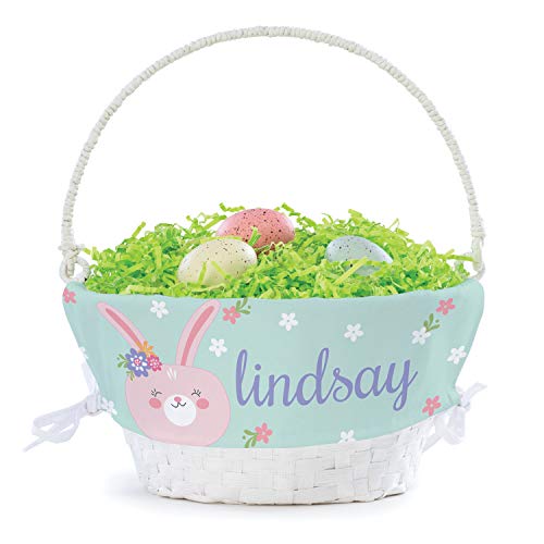 Personalized Girl Bunny Easter Egg Basket with Handle and Custom Name | Pink Easter Basket Liners | White Basket | Woven Easter Baskets for Kids | Customized Easter Basket | Gift for Easter
