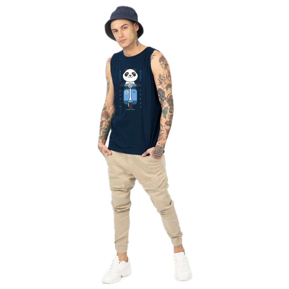 bewakoof Men's Regular Fit Vroom Panda Graphic Print Blue Round Neck Vest-picture-12