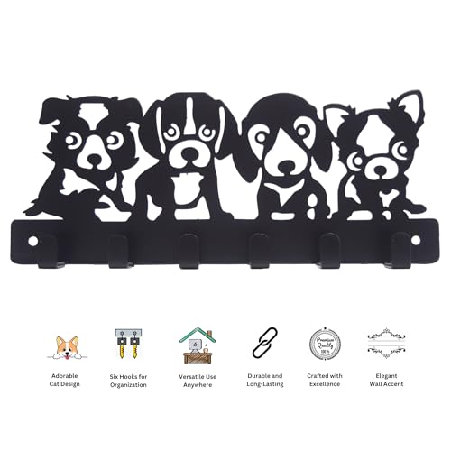 Image of Pet Lover's Combo of Wall Key Holder - Kitty & Pups Design - Premium Matte Black Finish - 6 Hook Key Organizer - Stylish Key Storage - Elegant Wall Mounted Key Rack for Home & Office | Cat Design, Includes Mounting Screws, For Home Use, 6 Hook Hanger, Metal Construction