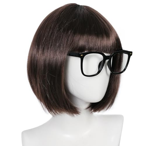 Image of ANOGOL Brown Bob Wig with Bangs Short Anime Wigs Dark Brown Wig for Women | Hair Cap+ (Glasses) Short Bob Wigs Straight Party Outfit Fun Hair Women for Halloween Costume Bachelorette Cosplay Daily