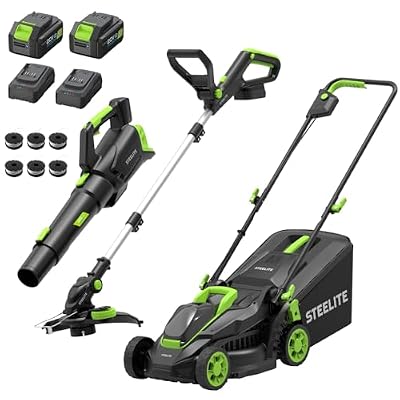 STEELITE 3-in-1 Cordless Lawn Care Kit, Electric Lawn Mower, Trimmer/Edger & Leaf Blower, 21V Brushless, 2 x 4.0Ah Batteries & Dual Chargers for Small Yards