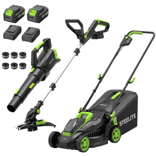 STEELITE 3-in-1 Cordless Lawn Care Kit, Electric Lawn Mower, Trimmer/Edger & Leaf Blower, 21V Brushless, 2 x 4.0Ah Batteries & Dual Chargers for Small Yards