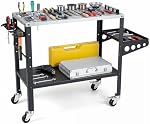Goplus Rolling Welding Table, 1200 LBS Welding Workbench Table Top w/Lockable Wheels, Tool Rack & Tray, 144 5/8” Holes, Tool Slots, 36” x 18” Weld Fixture Table for Garage Shop