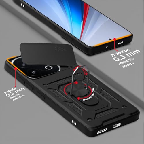 Image of Pikkme Back Cover for iQOO 13 5G | D10 Tough Armor | 360 Protection Case | Sliding Camera Shield Cover & Ring Holder Stand Bumper Case (Black)