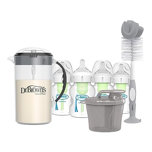 Image of Dr. Brown's Wide-Neck Baby Bottles 5 oz/150 mL, 4 Pack, with Travel Formula Dispenser, Formula Mixing Pitcher, and Reusable Sponge Baby Bottle Cleaning Brush, Gray