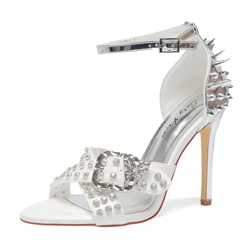 Women's Open Toe Stiletto Sandals Butterfly Buckle & Rhinestones 4.3IN Heel Ankle Strap Party Wedding Nightclub Shoes