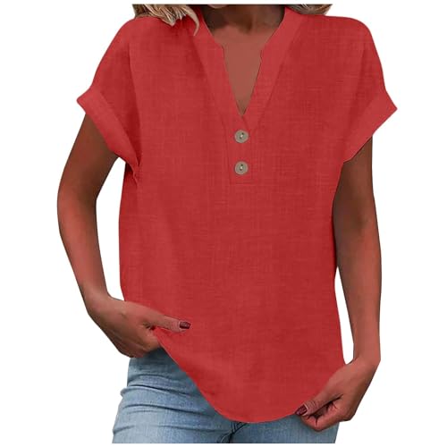 Generic Womens Button Down Linen Shirt Short Sleeve V Neck Shirts Solid Color Comfy Tops Summer Casual Dressy Tunic Top