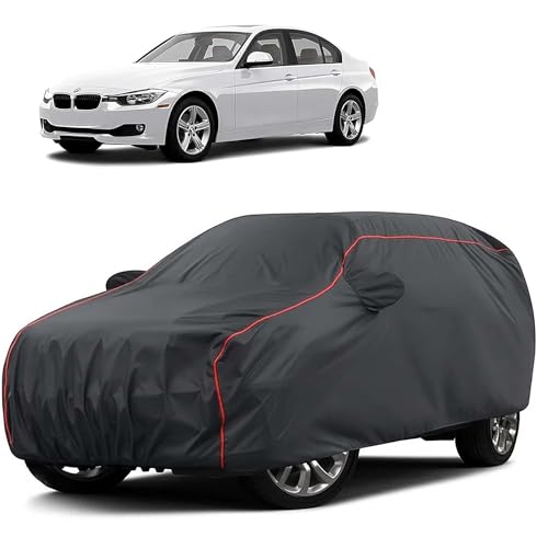 Image of Sulfar 100% Water Resistant Car Body Cover Compatible with Mirror for BMW 328i (Triple Stitched, Full Bottom Elastic, Dark Grey Taffeta with Red Piping)