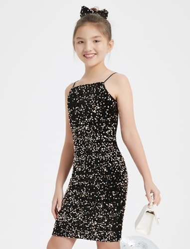 EXARUS Girls Sequin Spaghetti Strap Bodycon Dress Teen Sparkle Pencil Party Mini Special Occasion Birthday Velvet Dress3