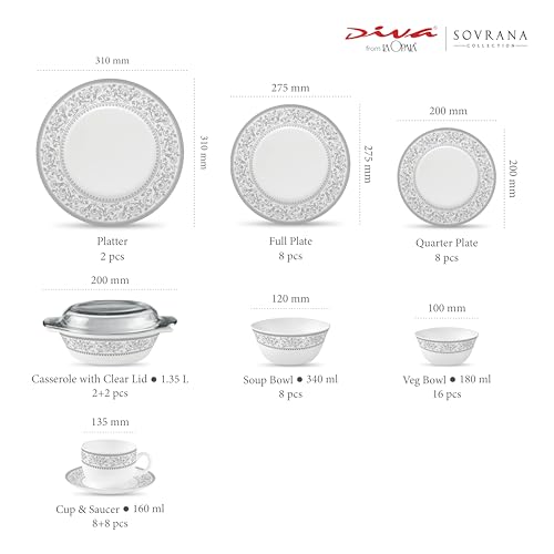 Image of La Opala Diva Sovrana Collection Opal Glass Crockery | for Family of 8 | Dinner Set 62 pcs Persian Silver | Plates & Bowls for Dining | Microwave Safe | 100% Vegetarian | Extra Strong | Light & White