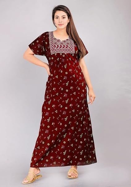 Image of Bresdk Women's Cotton Embroidered Jaipuri Nighty Gown - Pack of 2 Rajasthani Print Maxi Night Dress with Pocket - Soft & Comfortable Ladies Sleepwear & Loungewear