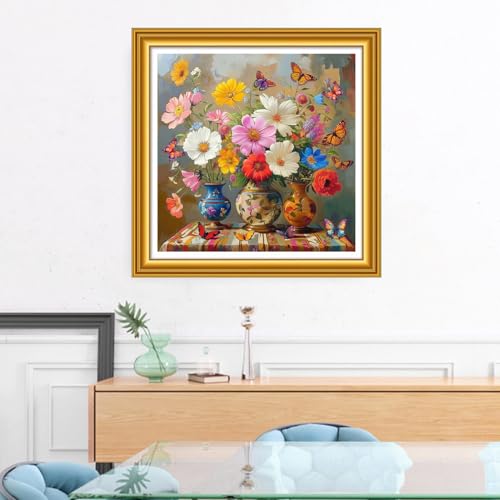 Image of Foxhool Stamped Cross Stitch Kits,11CT Printed Cross Stitch Pattern Full Embroidery Kits for Beginner Needlepoint Kits&Beautiful Flower vase 18x18 inch