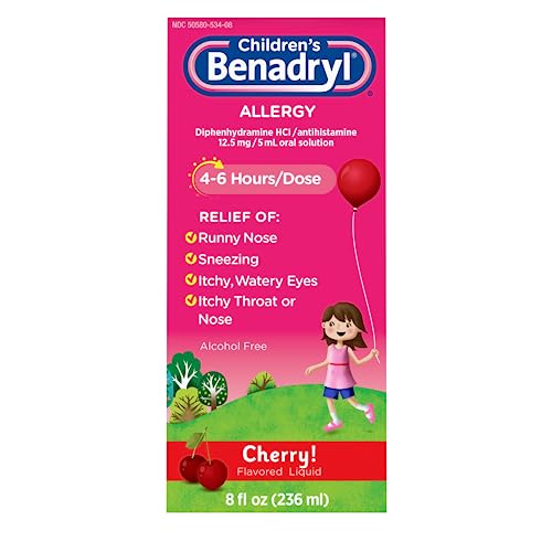 Benadryl Children's Allergy Relief Liquid Medicine with Diphenhydramine HCl Antihistamine for Kids, Effective Allergy Relief, Cherry Flavor, 8 fl. oz