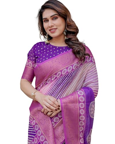 Image of ALMAARI FASHION Floral Printed Cotton Saree for Women with Handloom Zari Weave, Traditional Lightweight Ethnic Saree for Wedding Festive Office Party with Blouse Piece (LINEN 81-90 SH)
