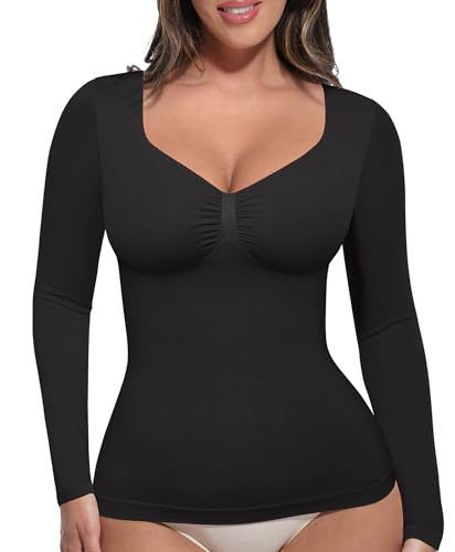 FeelinGirl Womens Shapewear Tummy Control Tops: Long Sleeve Shirts for Women Slimming Body Shaper V Neck Compression Shirt