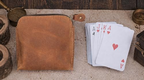 Image of Premium Full Grain Leather Playing Card Case, Zippered Playing Card Holder for Poker Bridge Cards, Durable Leather Card Deck Storage Organizer Travel Card Carrying Pouch Multi Purpose Wallet