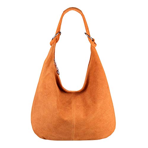 OBC Made in Italy Damen XXL Ledertasche Leder Wildleder Shopper Tasche Schultertasche Umhängetasche Hobo-Bag Beuteltasche (Orange)